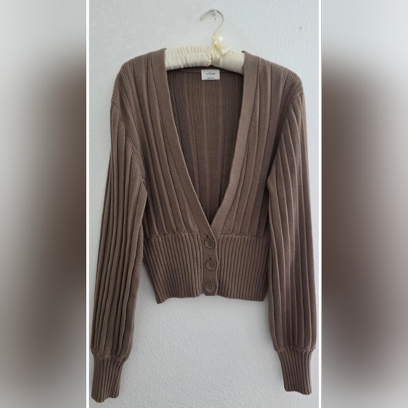 Wilfred Plunge Front Cardigan Merino Wool Blend Three Button Front In Brown Sz L - Picture 2 of 14